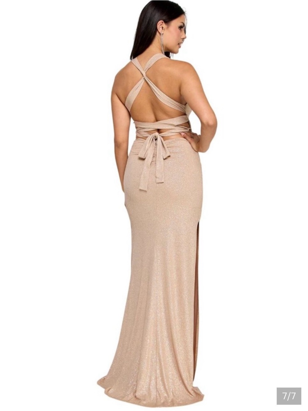 B Darlin Nude Pink Glitter Crossback Backless Dress
